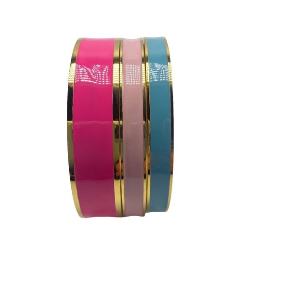 QVC Susan Graver 3 Enamel Bracelets Pink Hot Pink Light Blue Gold Tone Trim - Picture 4 of 7